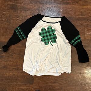Cato Women's Black and White Long Sleeve Tee with Green Shamrock Size large